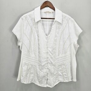 Soft Surroundings Top Blouse 1X Embroidered Boho Button Textured Cottage Praire